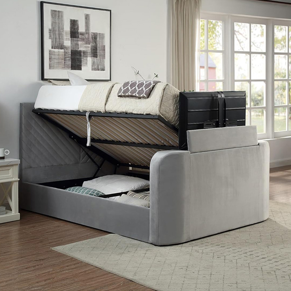 Home Treats King Size Grey Velvet Ottoman TV Bed Image 4