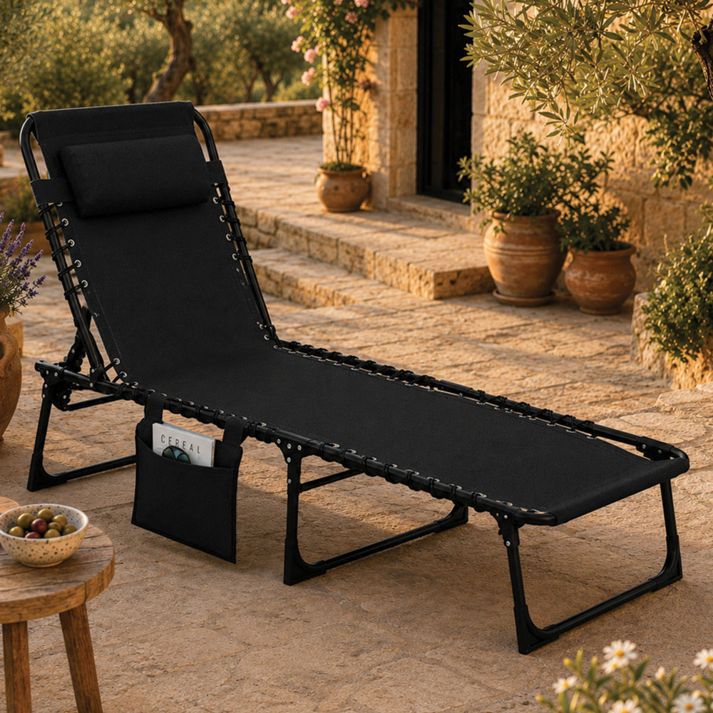 Shatchi Black Foldable Sun Lounger with Adjustable Backrest Image 1