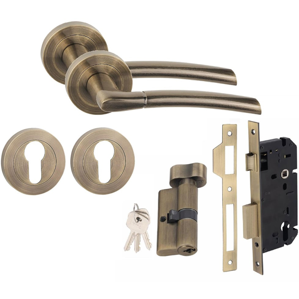 Golden Grace Indiana Antique Brass Door Handle Pair with Thumbturn and Euro Lock Image 1