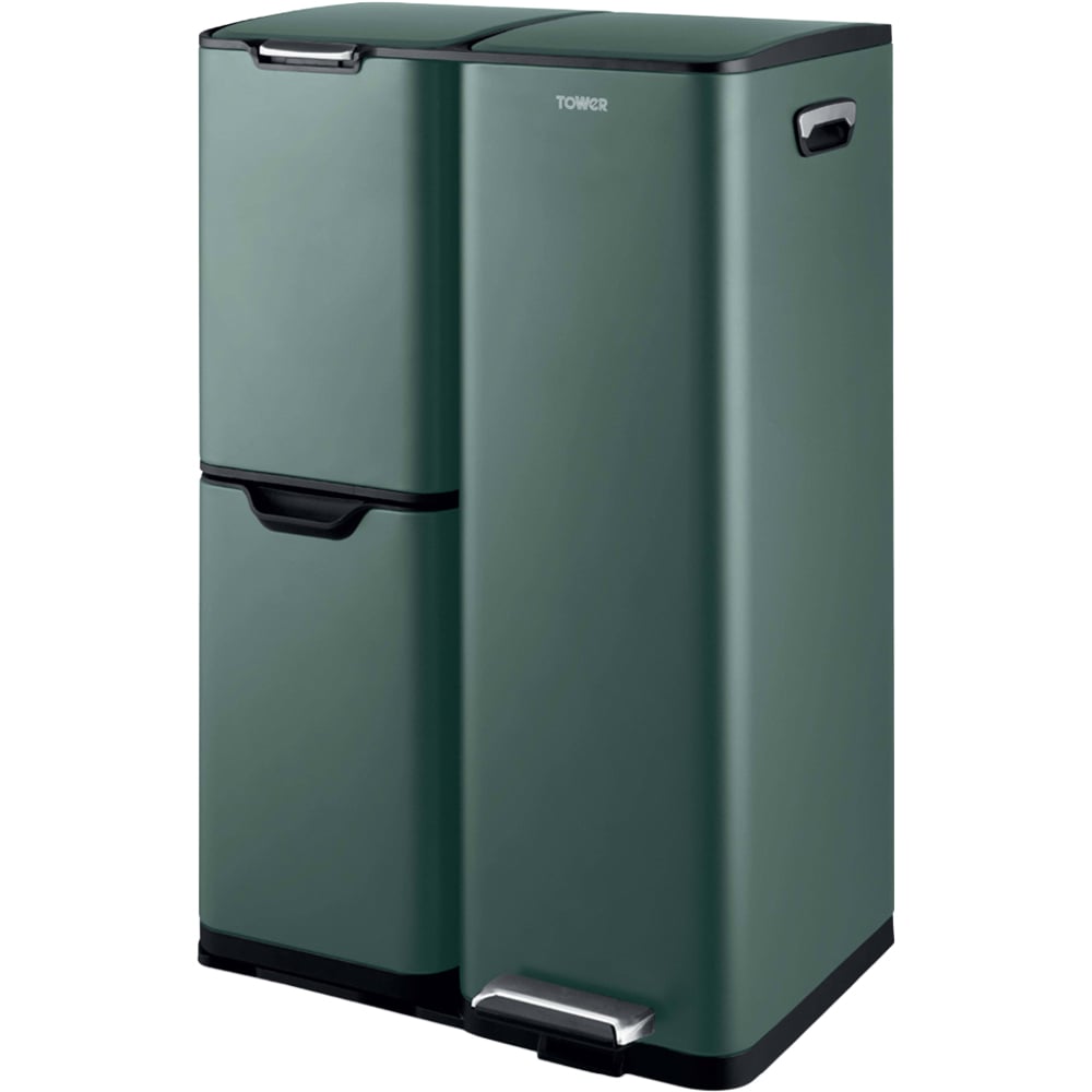 Tower Triple Recycling Green Pedal Bin 60L Image 1