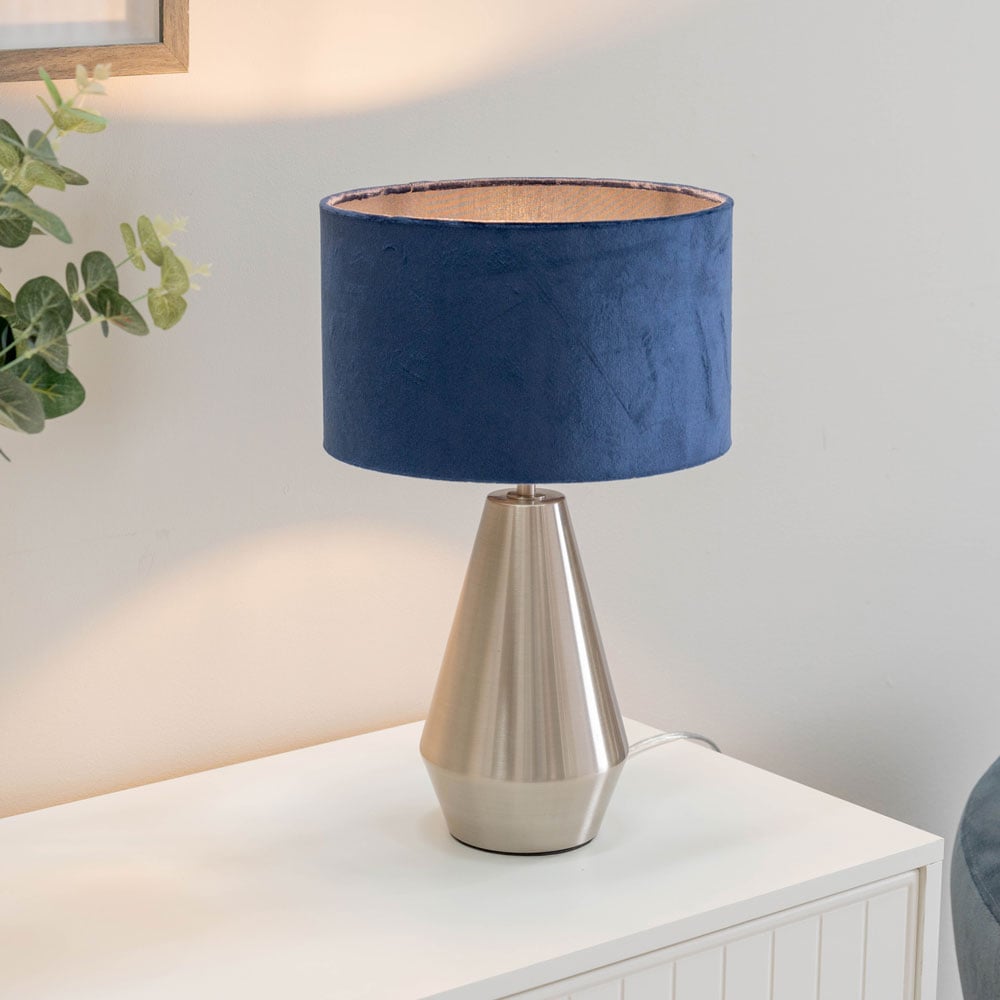 ValueLights Jax Navy Blue Velvet Shade Brushed Chrome Touch LED Table Lamp Image 2