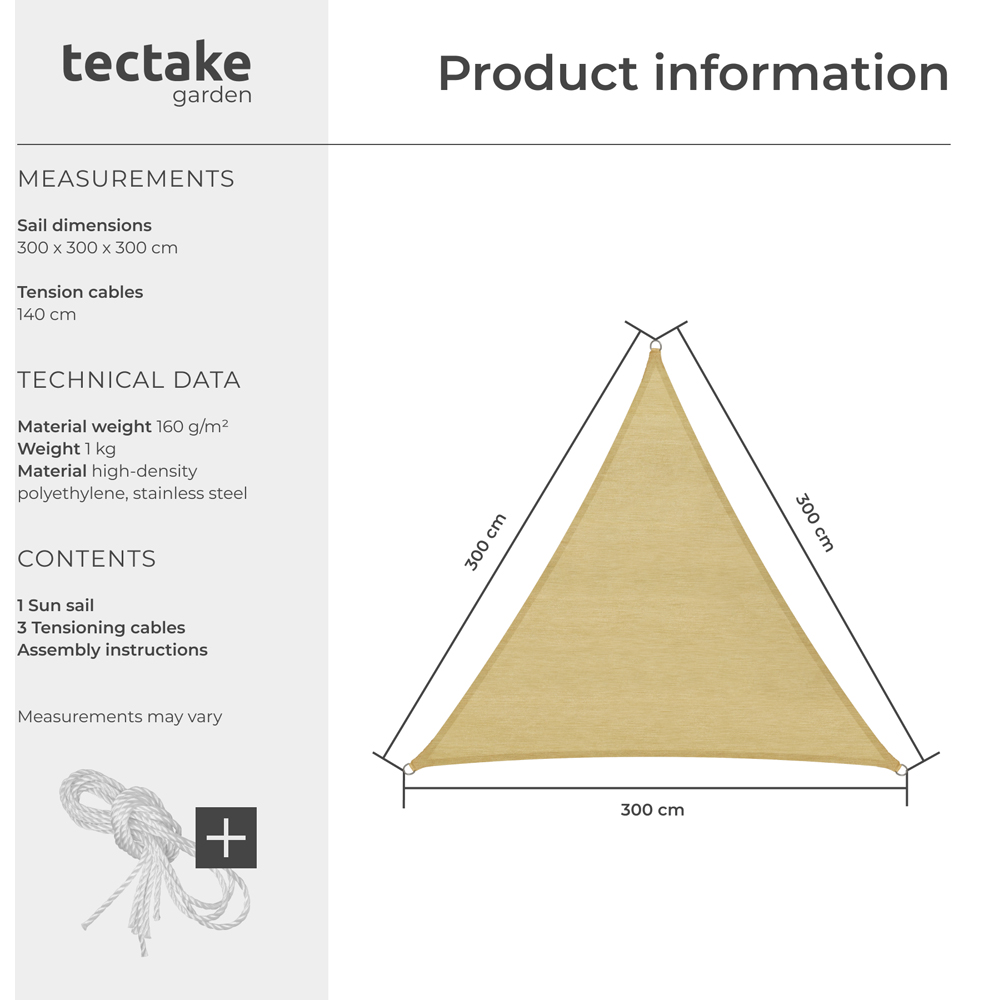 tectake Beige UV 50+ Triangular Shade Sail 300cm Image 8
