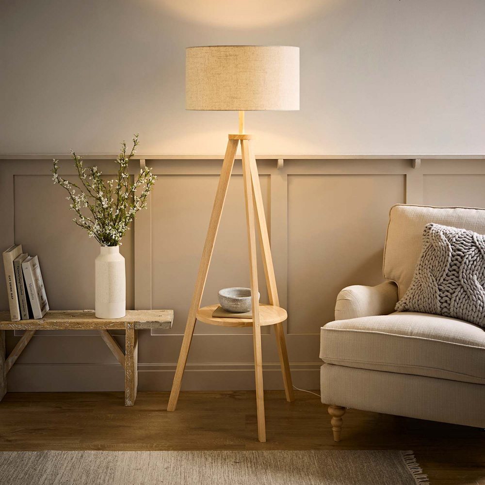 ValueLights Morrigan Light Wood Tripod Floor Lamp with Linen Fabric Shade and Bulb Image 5