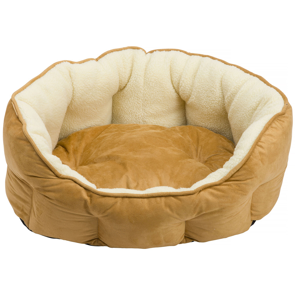 House Of Paws Medium Happy Pet Tan Faux Sheepskin Brown Oval Dog Bed Image