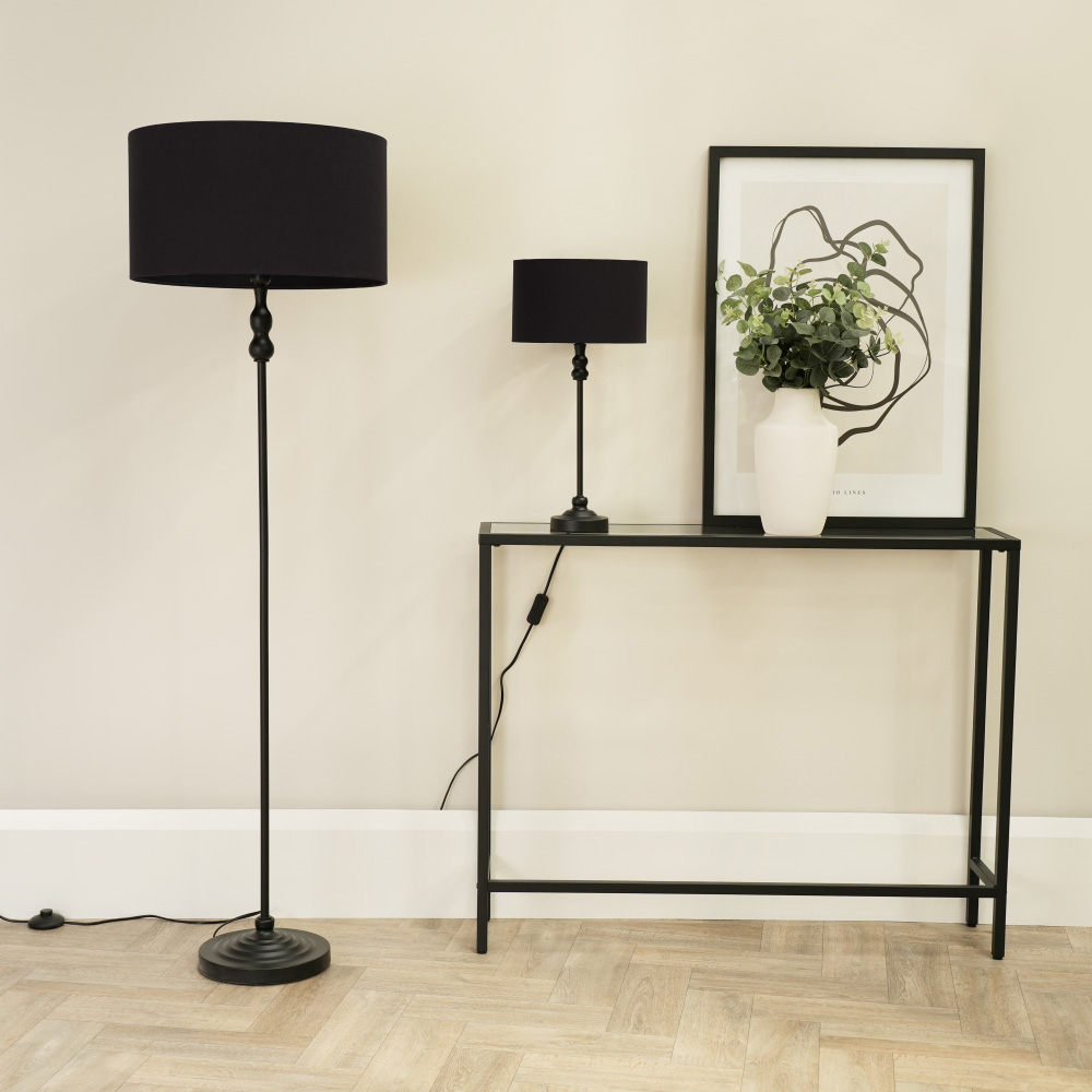 ValueLights Maggie Black Fabric Shade Black Metal Candlestick Floor Lamp Image 4