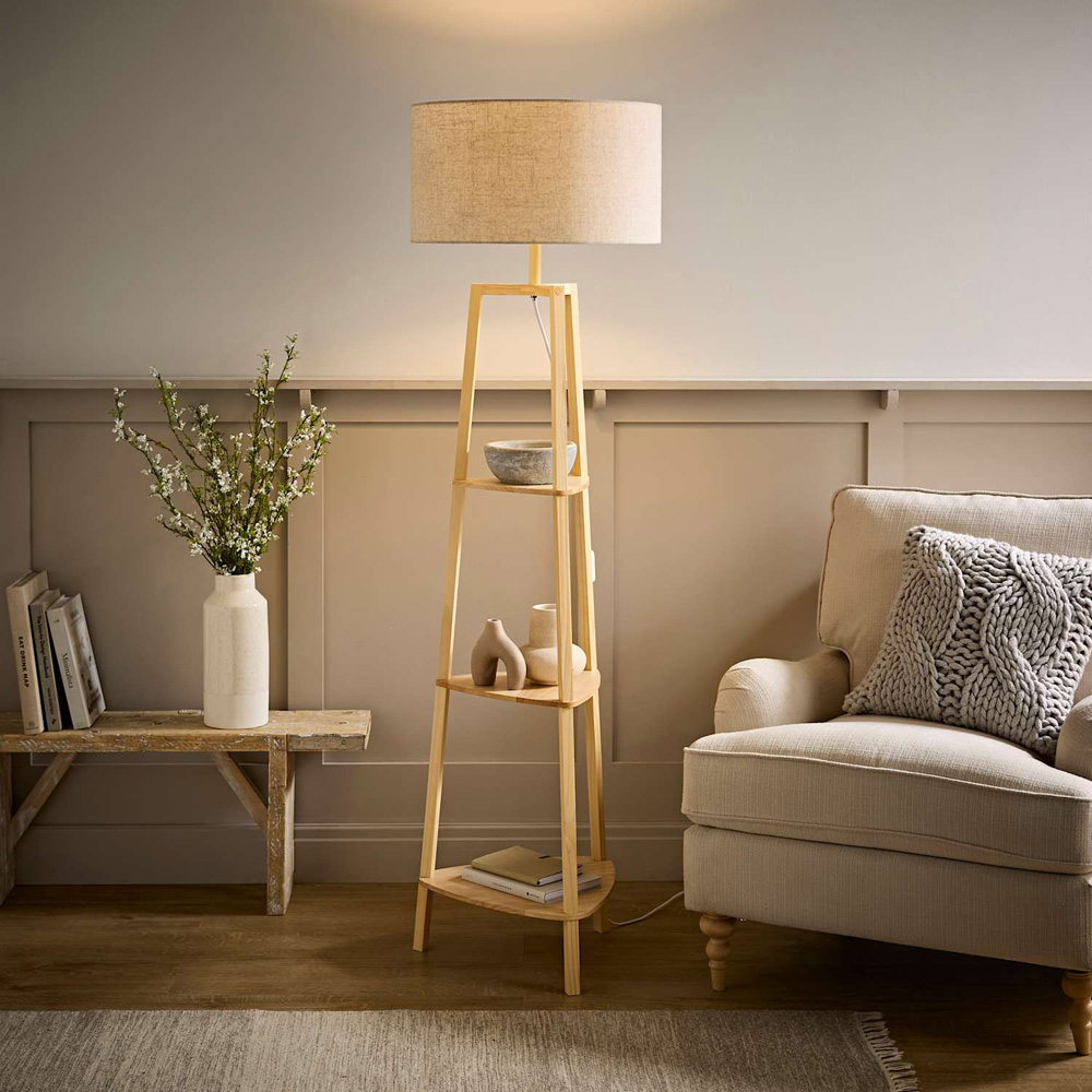ValueLights Hiru 3 Shelf Linen Drum Shade Natural Wooden Floor Lamp with Bulb Image 5