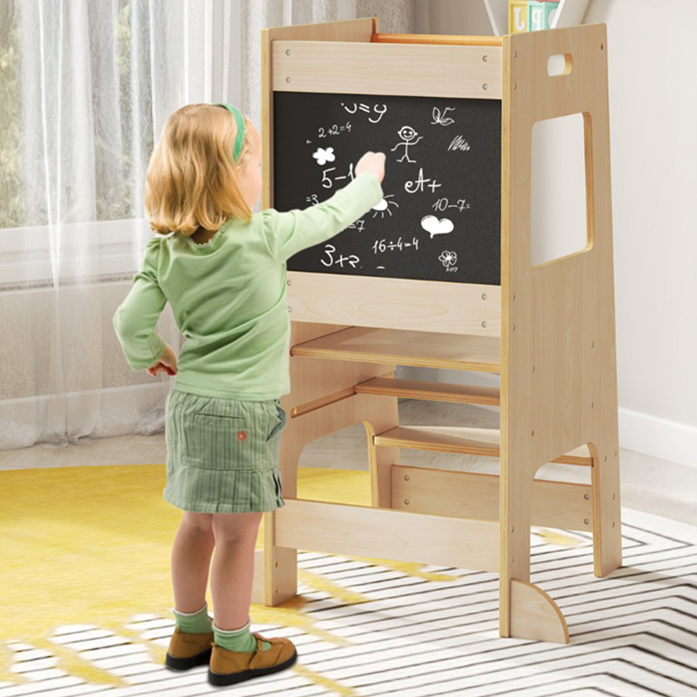 Costway Natural Adjustable Toddler Kitchen Step Stool with Activity Chalkboard Image 1