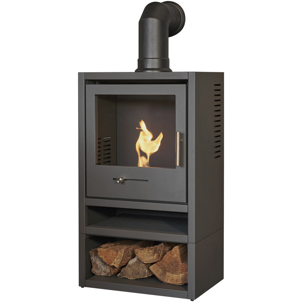 OKO S1 Charcoal Grey Bio Ethanol Stove with Log Storage and Angled Pipe Image 1
