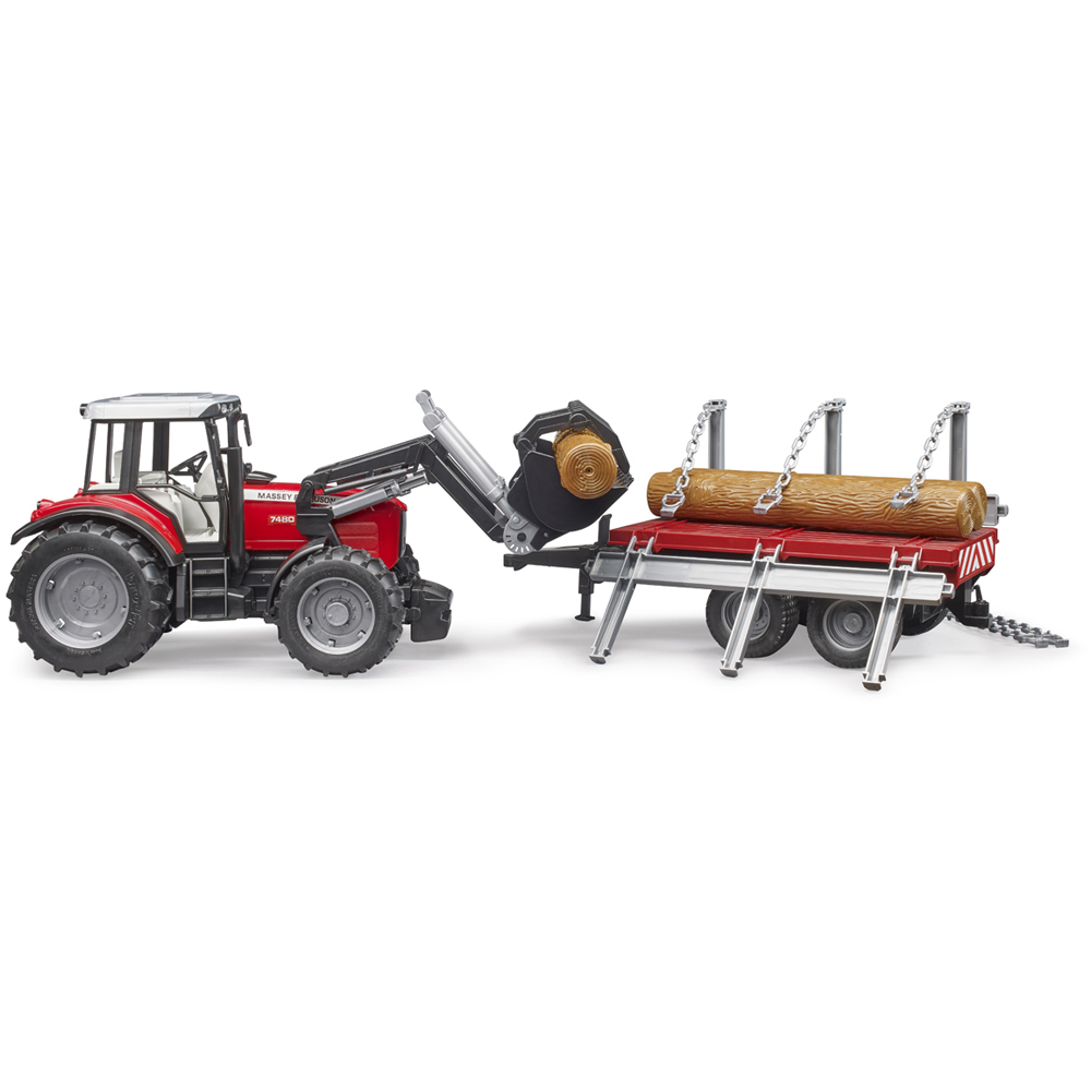 Bruder Kids Massey Ferguson 7480 Tractor Playset Model with Frontloader and Timber Trailer Image 5
