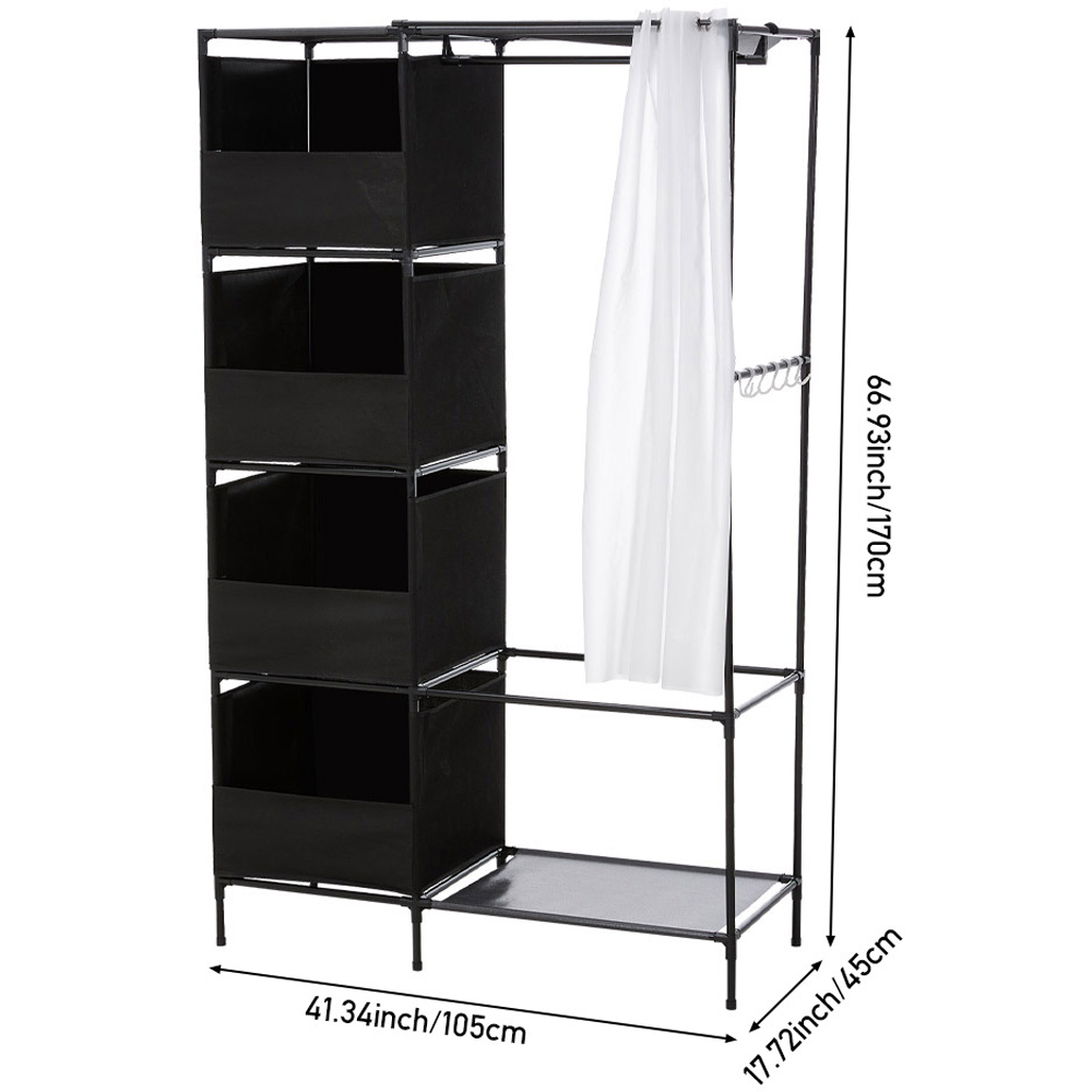 H&O Direct 4 Shelf Black Portable Metal Wardrobe with Hanging Rail and Curtain Image 6