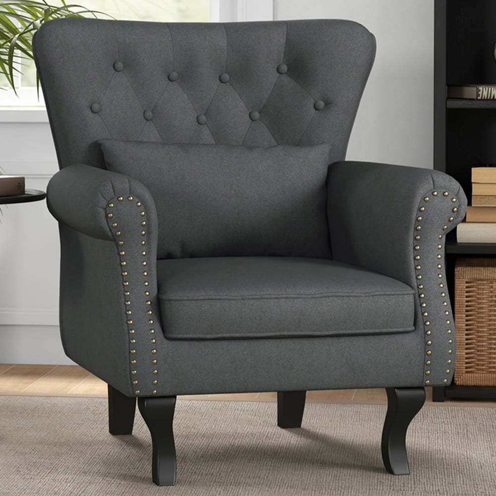 Portland Dark Grey Linen Chesterfield Accent Chair Image 1