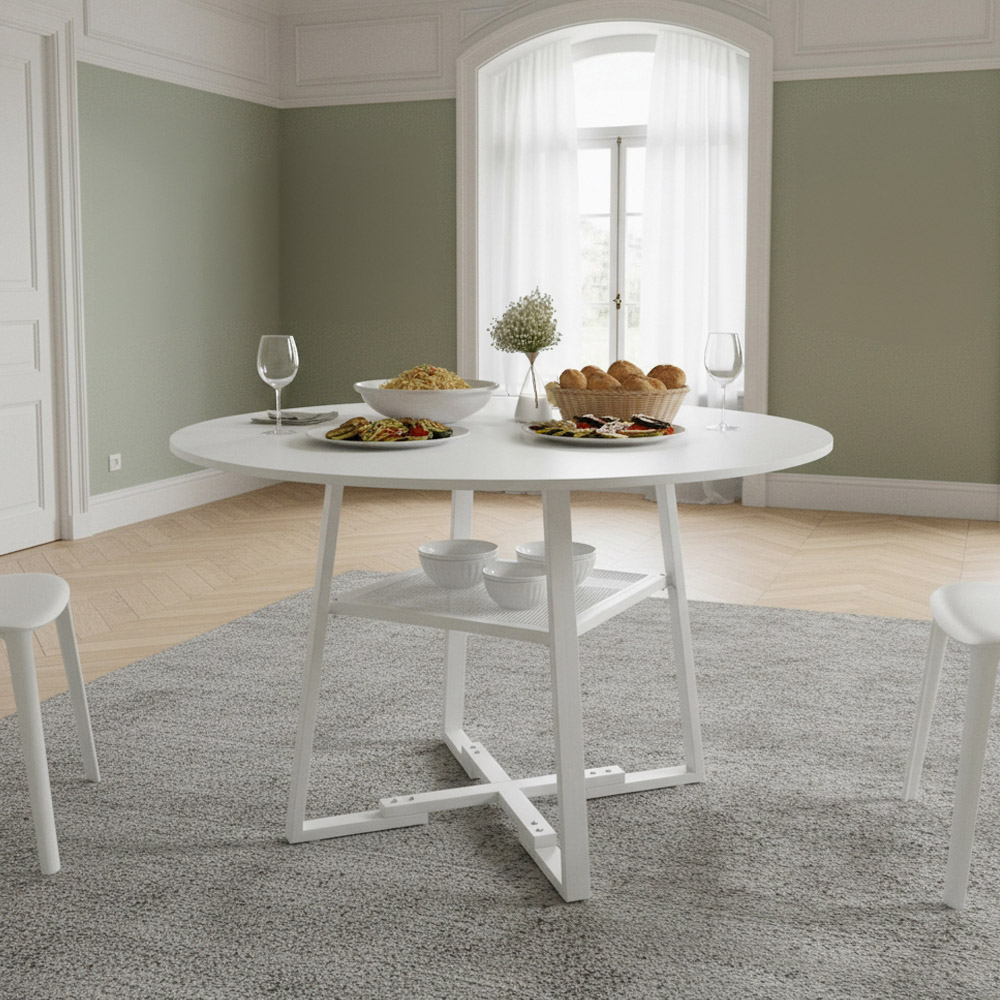 Living and Home 4 Seater White Round Dining Table with Storage Shelf Image 7