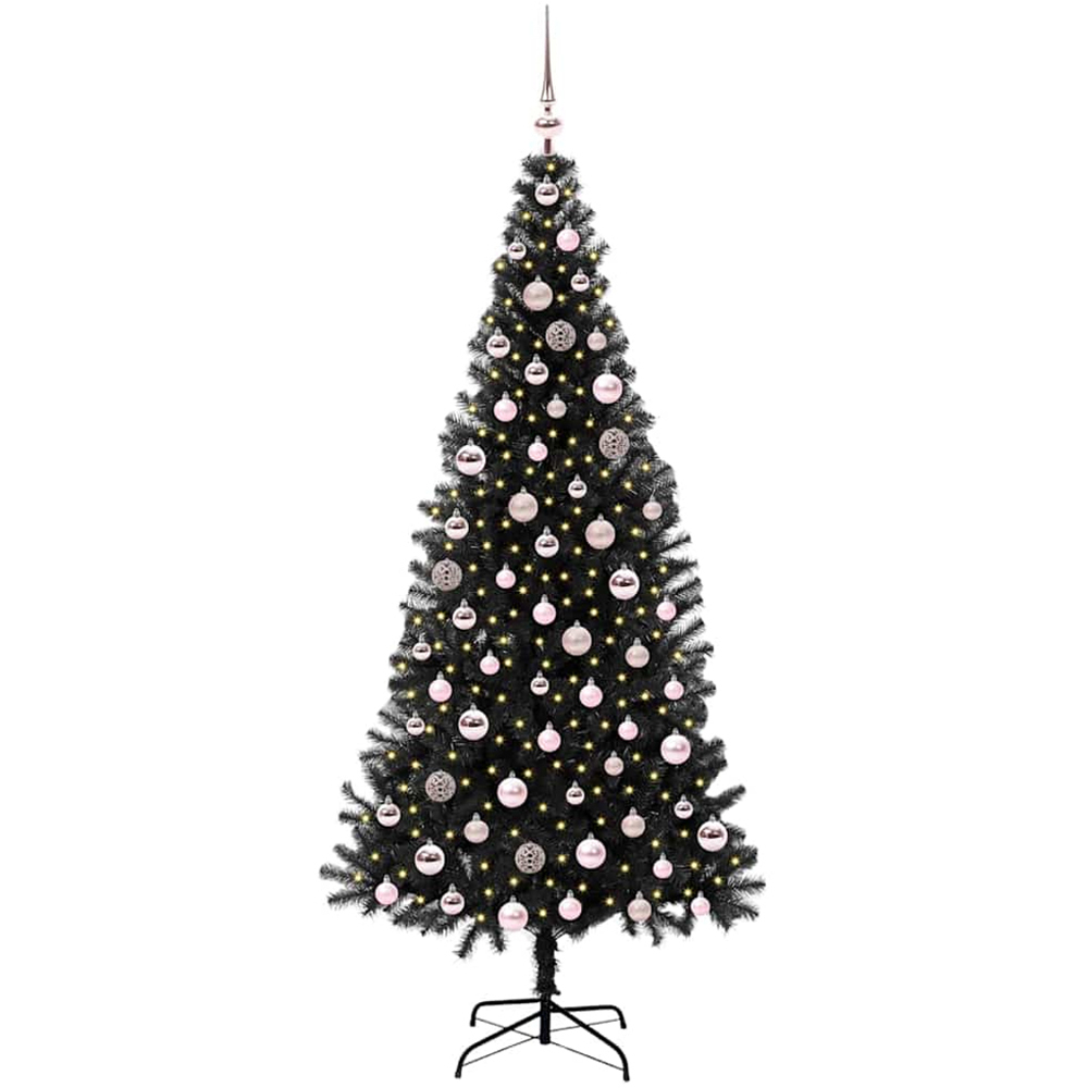 vidaXL Pre-Lit Pink Baubles Black Artificial Christmas Tree 7ft Image 1