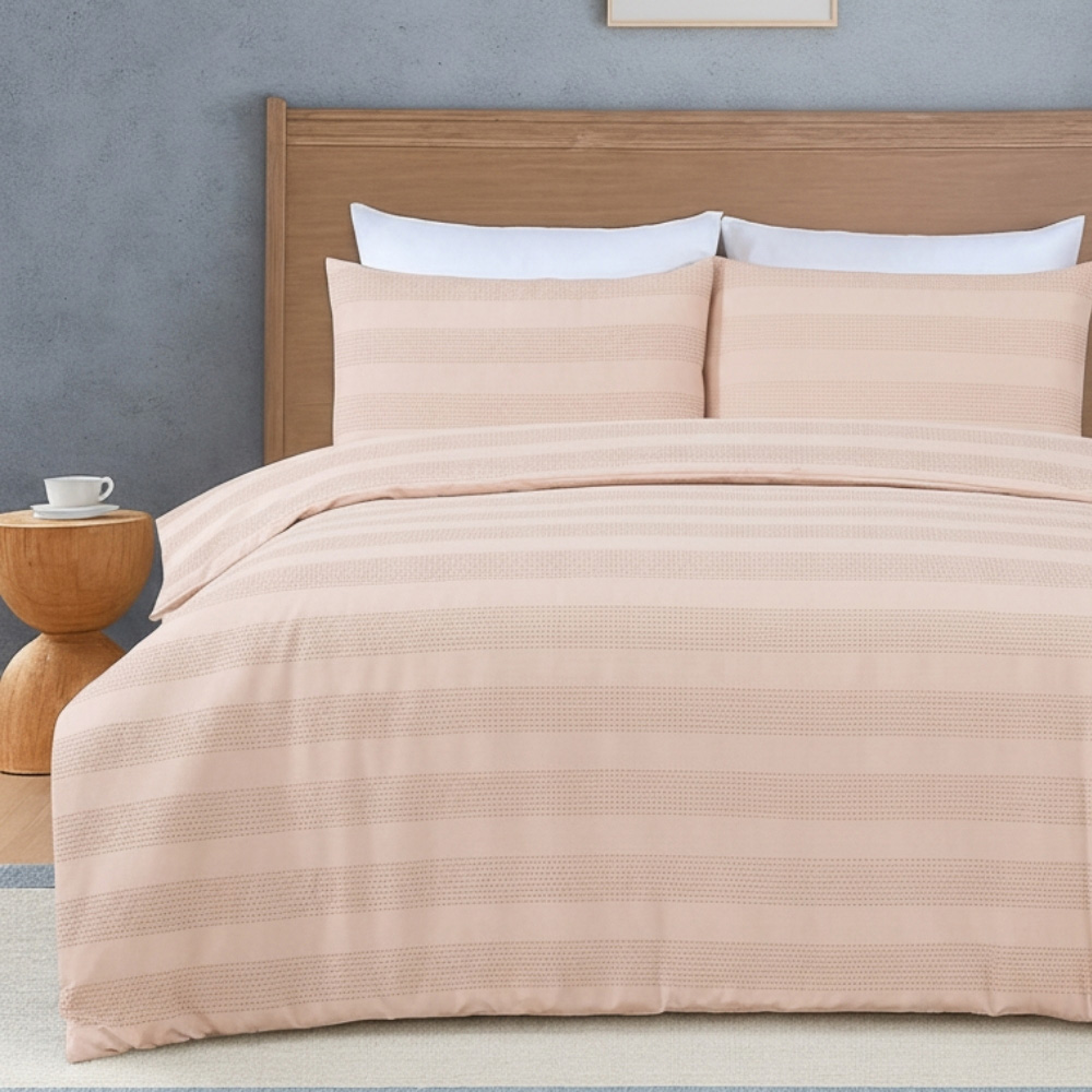 MHG Living King Size Dusky Pink Dobby Waffle Striped Duvet Set Image 1