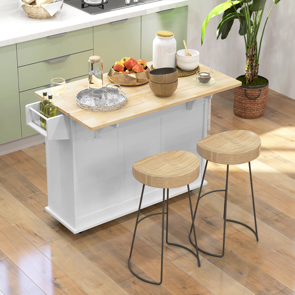 HOMCOM 2 Door 3 Drawer White Kitchen Storage Cart with Drop Leaf Image 2