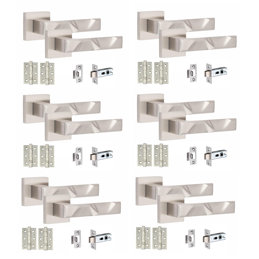 Golden Grace Satin Nickel Modern Nova Door Handle Set 6 Pack Image 1