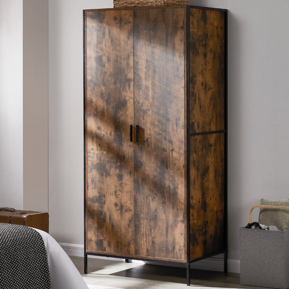Vida Designs Brooklyn 2 Door Dark Wood Industrial Wardrobe with Hanging Rail and Shelf Image 1