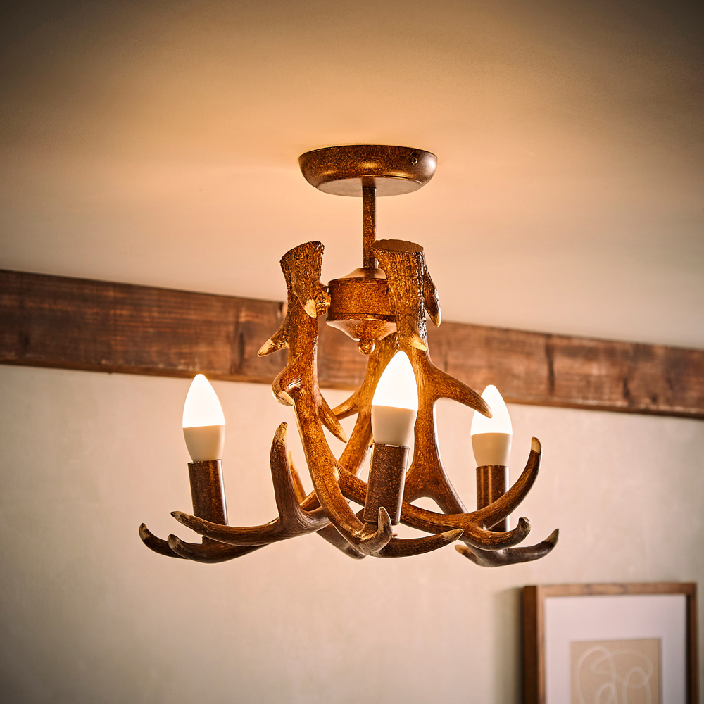 ValueLights Caribou 3 Way Rustic Antler Ceiling Fitting Image 2