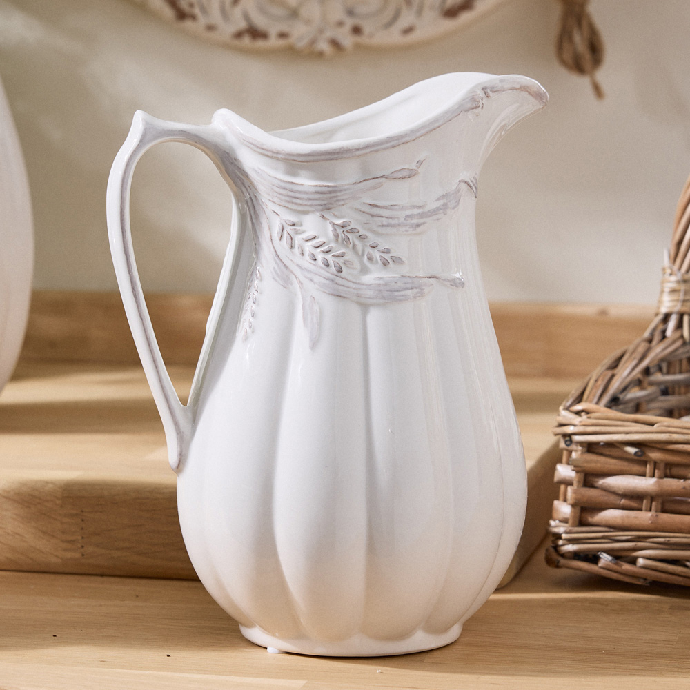 Dibor Radway White Botanical Leaf Motif Ribbed Pitcher Jug Vase Image 2