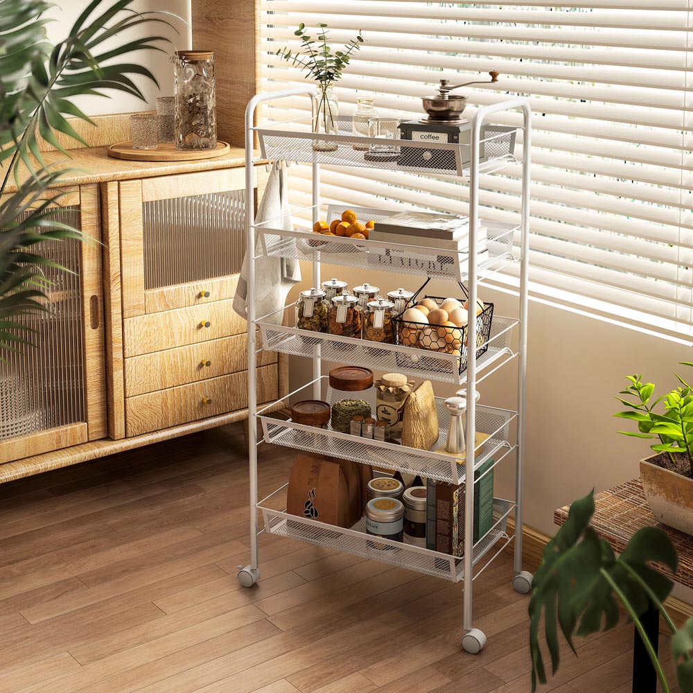 HOMCOM 5-Tier White Utility Rolling Cart with Removable Mesh Baskets Image 3
