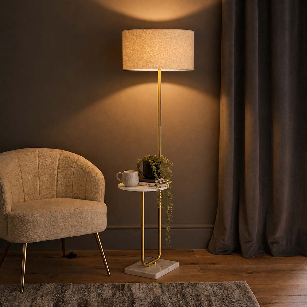 ValueLights Tavel Cream Boucle Fabric Shade Gold Shelf Floor Lamp with Bulb Image 2