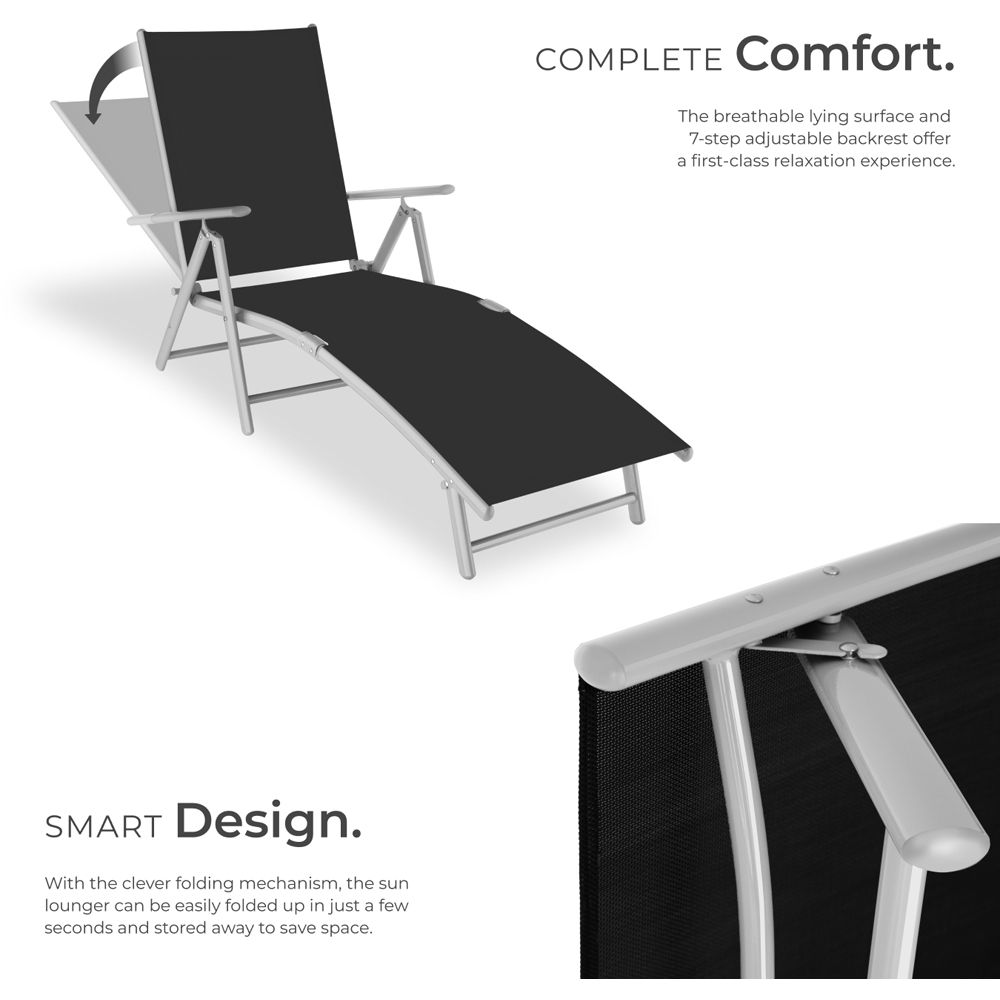 tectake Marisol Black and Silver Foldable and 7 Step Adjustable Sun Lounger Image 3
