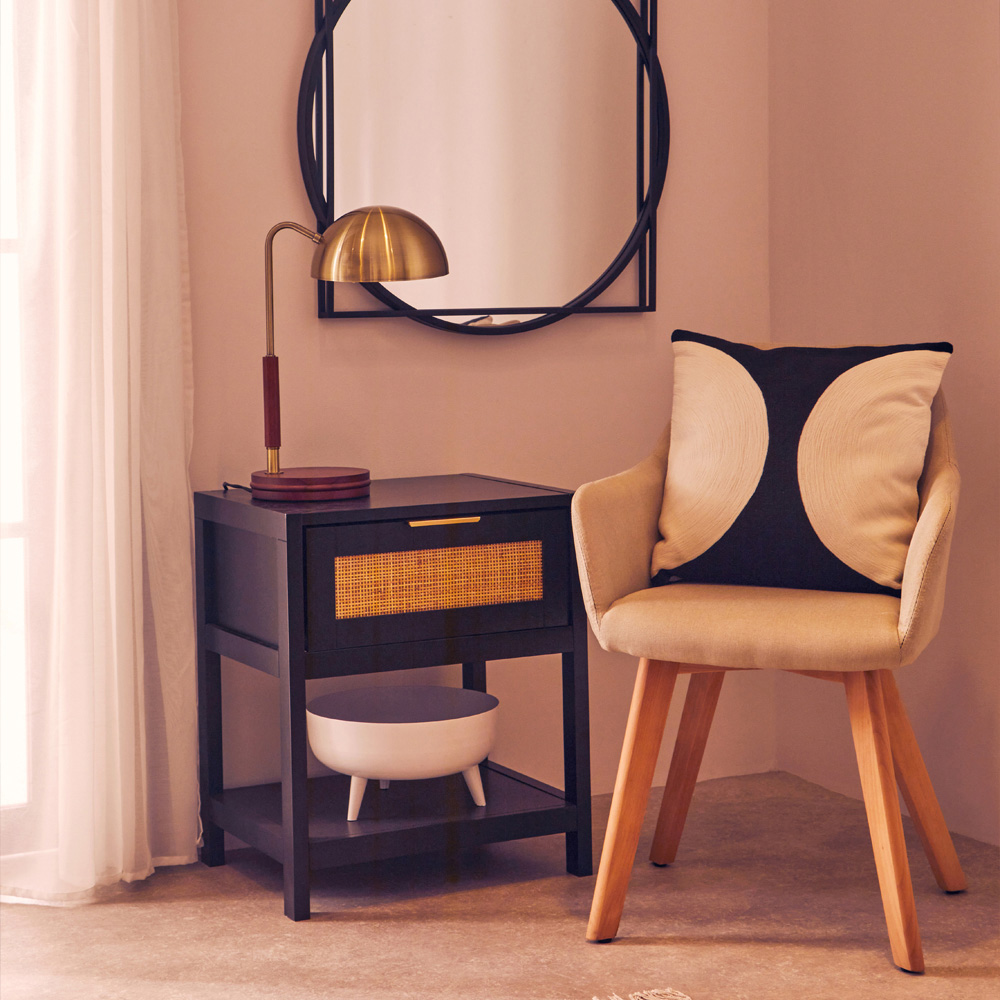 Premier Housewares Sherman Single Drawer Black Wooden and Rattan Bedside Table Image 2