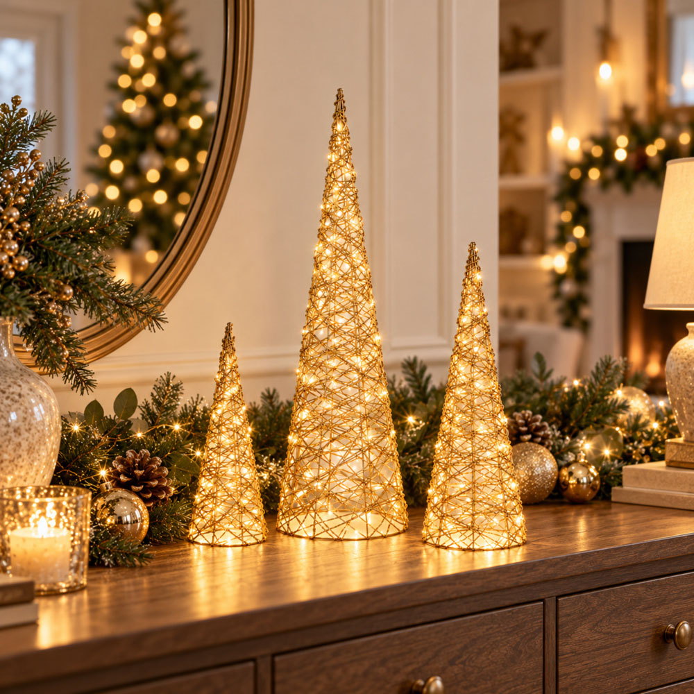 Samuel Alexander 3 Piece Warm White LED Light-Up Gold Weave Christmas Cone Tree Set Image 4