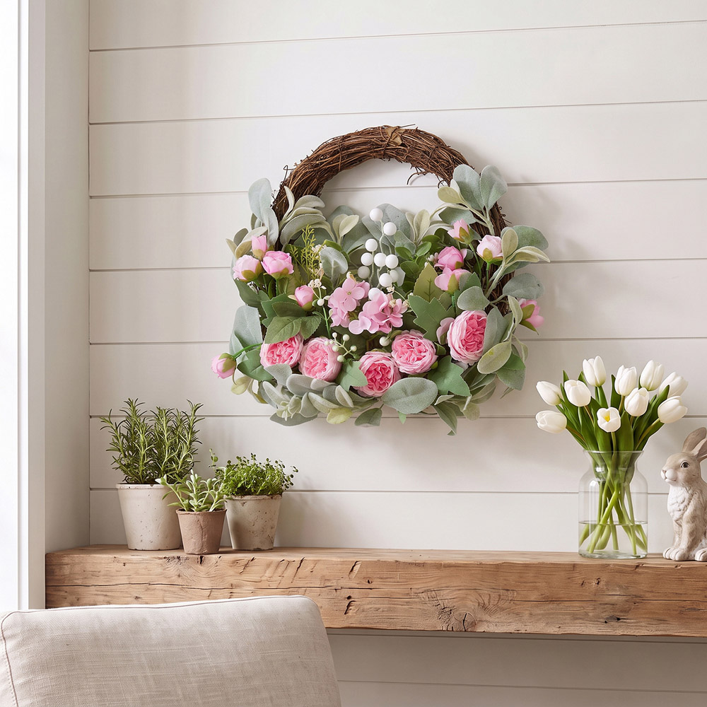 Living and Home Artificial Pink Peony Door Wreath 40cm Image 7