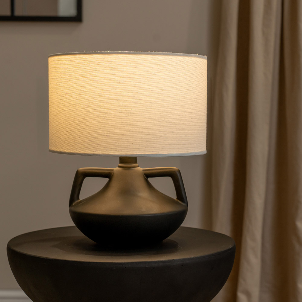 ValueLights Zoe Linen Drum Lamp Shade Matte Black Ceramic Vase LED Table Lamp Image 2