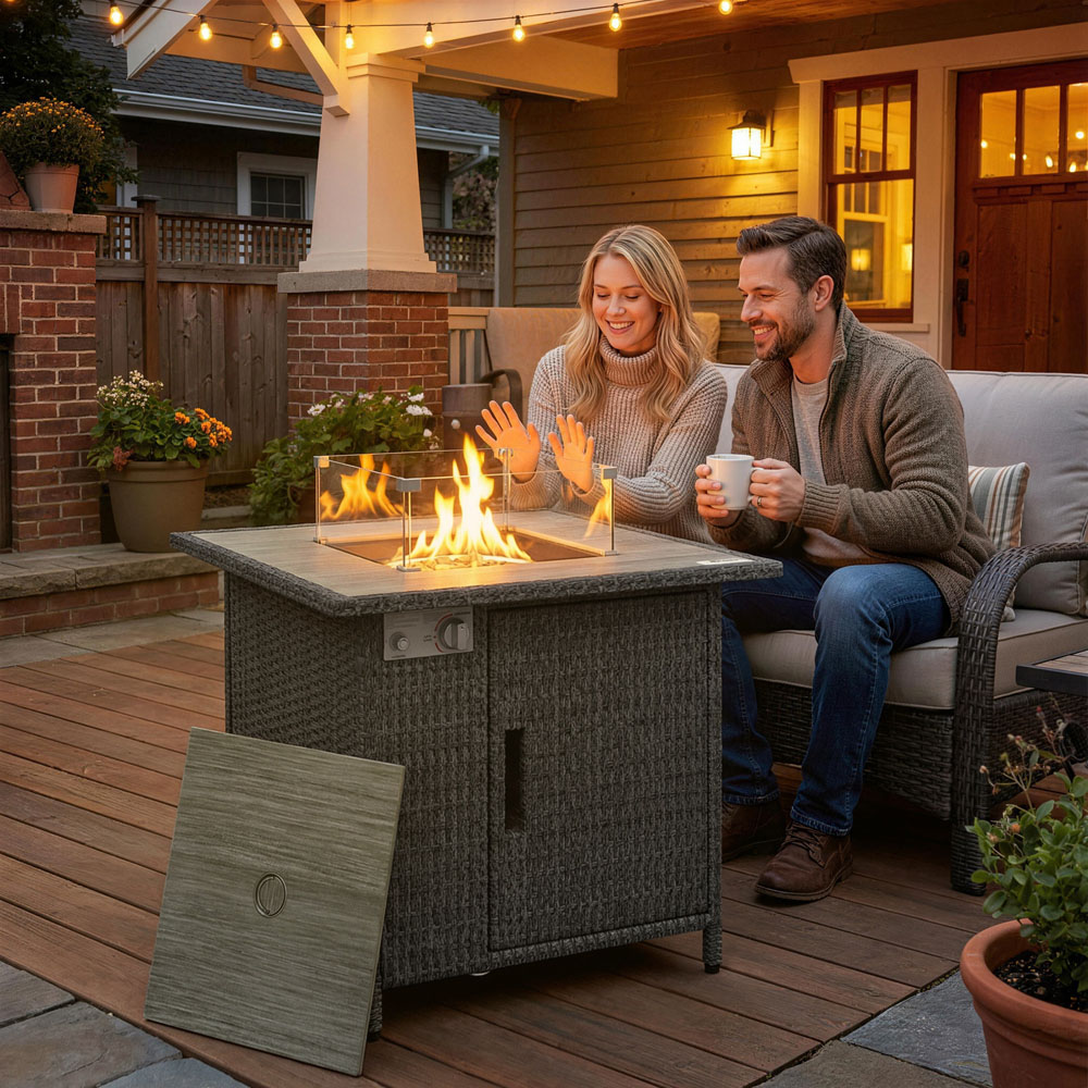Outsunny Grey 50000 BTU Rattan Gas Fire Pit Table with Rain Cover and Wind Guard Image 2