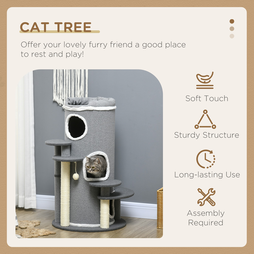 PawHut Barrel-Shaped Grey Indoor Cat Tree with Sisal Scratching Posts Image 4
