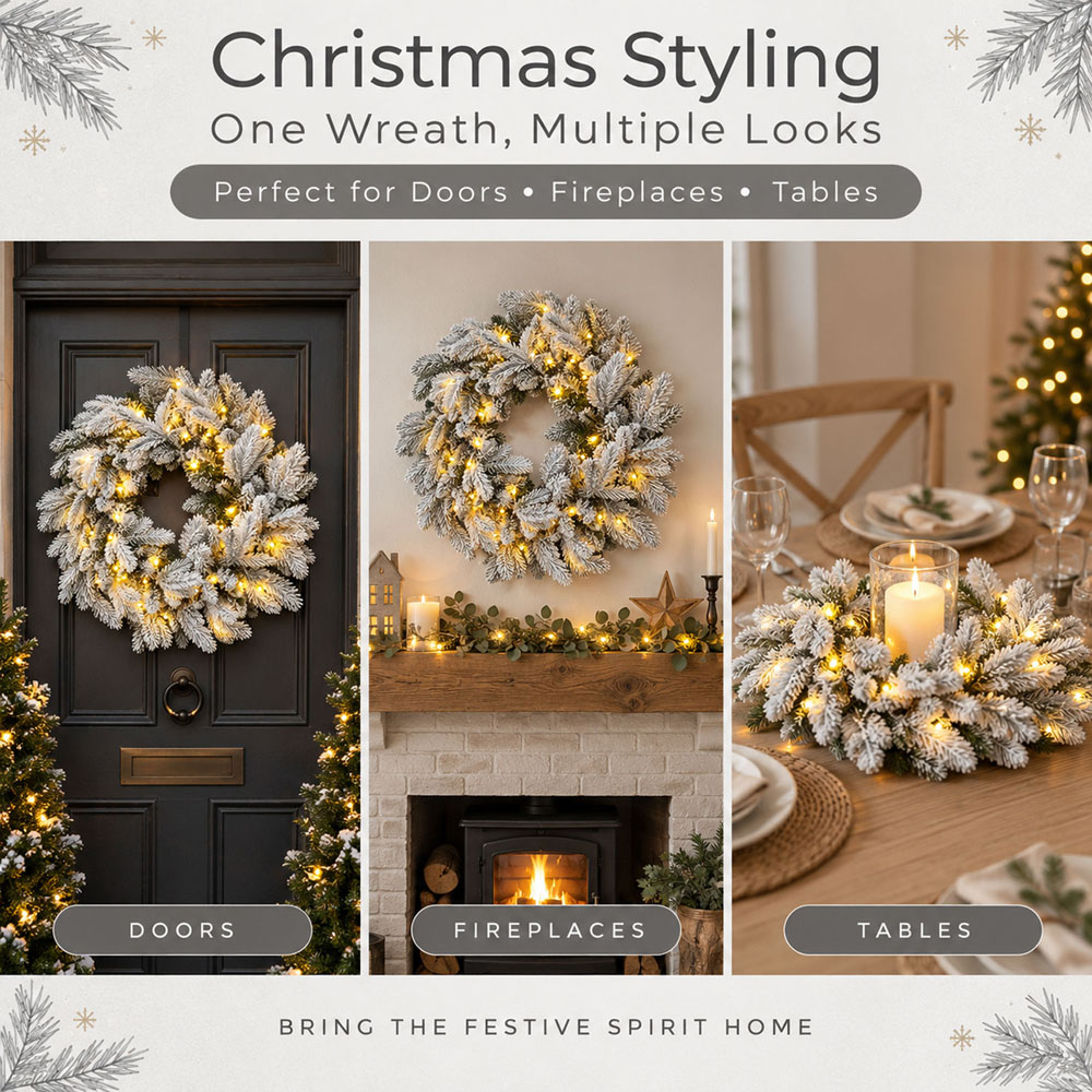 Neo Warm White LED Pre-Lit Artificial Snow-Flocked Christmas Wreath 50cm Image 6
