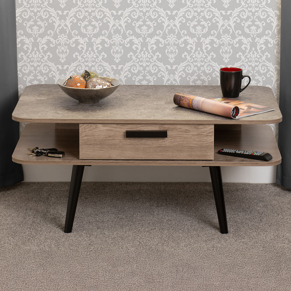Seconique Saxton Single Drawer 2 Shelf Mid Oak Effect and Grey Coffee Table Image 1