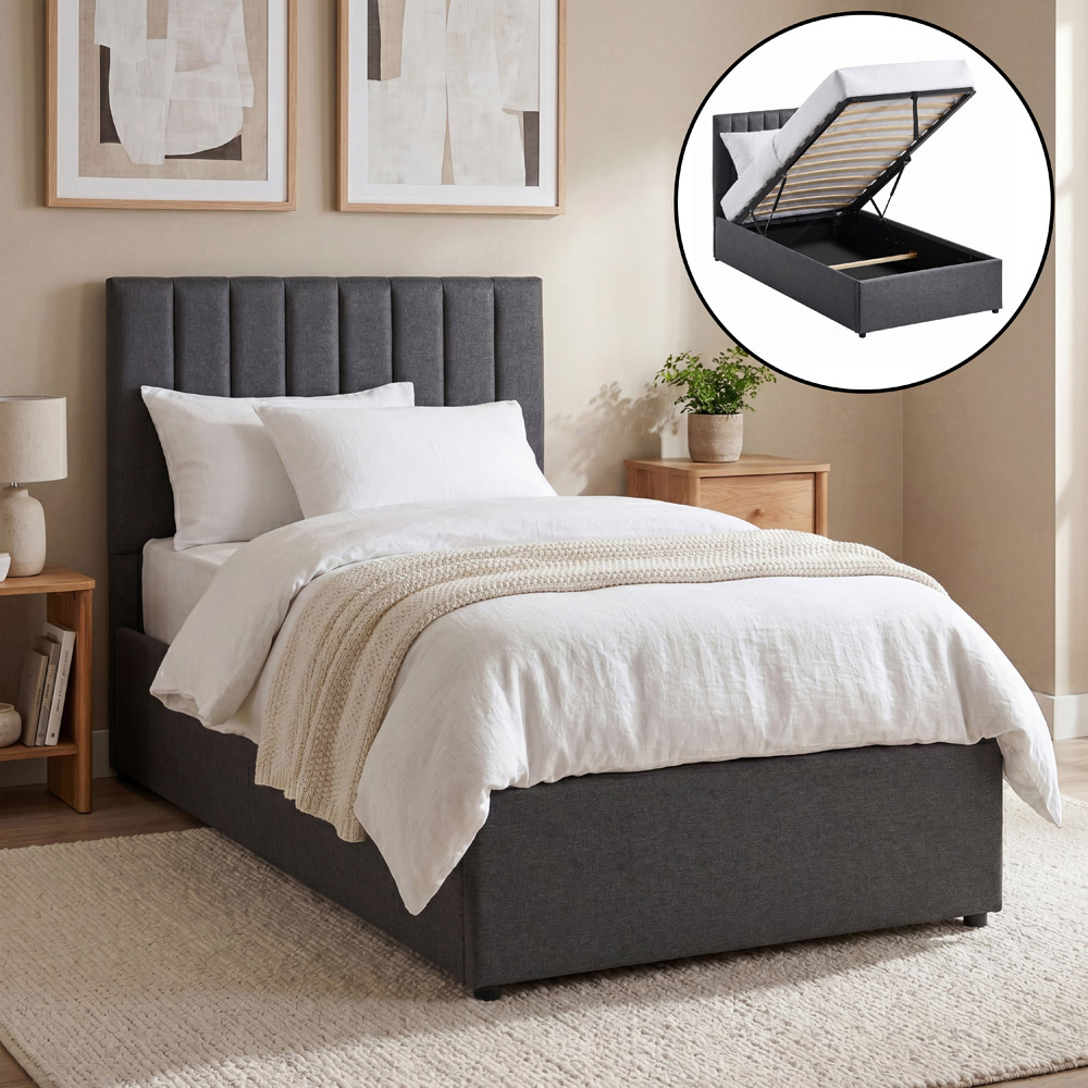 VIDA DESIGNS Vellaro Single Dark Grey Linen Fabric Ottoman Bed with Headboard and Mattress Image 5