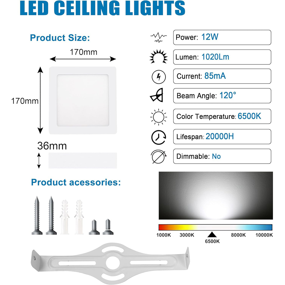 ExtraStar Cool White 12W LED Square Surface Mount Integrated Ceiling Light Image 6