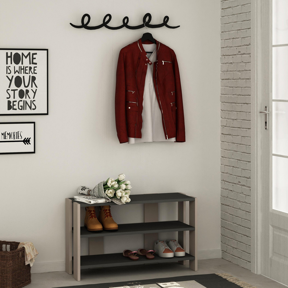Decortie Tono 2 Shelf Anthracite Shoe Rack and Coat Hanger Image 2