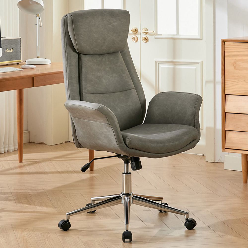 Living and Home Grey PU Leather Height Adjustable High-Back Swivel Office Chair with Headrest Image 1