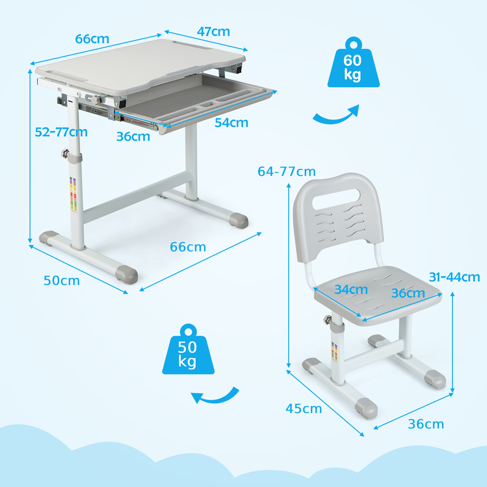 Costway Adjustable Grey Kids Study Table and Chair Set Image 8
