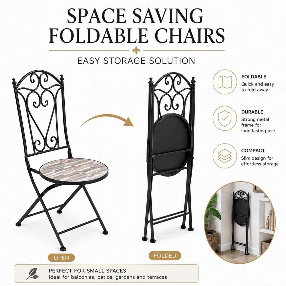 Shatchi Oasis 2 Seater Mosaic Ceramic Tile Top Foldable Bistro Set Image 3