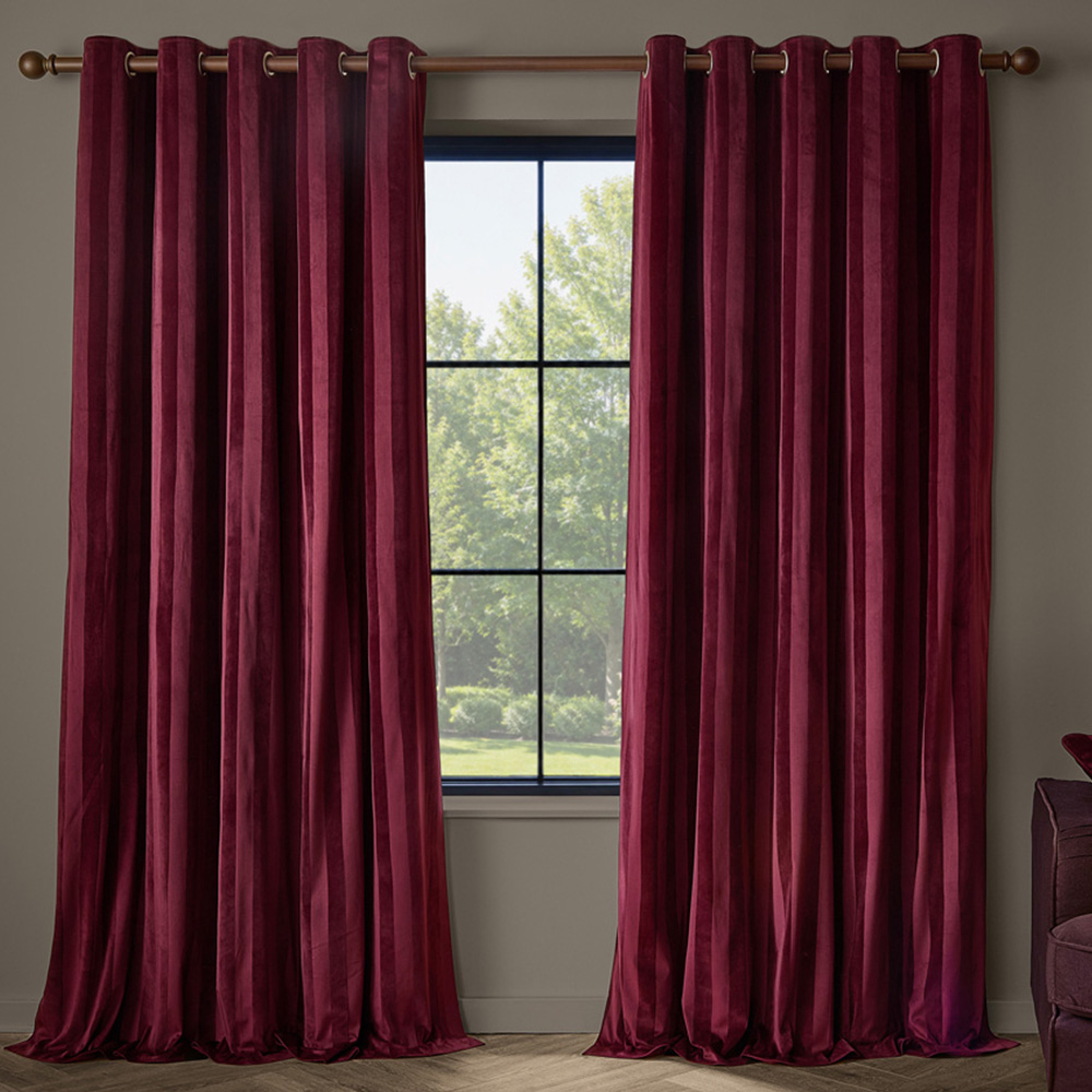 Paoletti Regency Burgundy Stripe Velvet Lined Eyelet Curtains 168 x 137cm Image 1