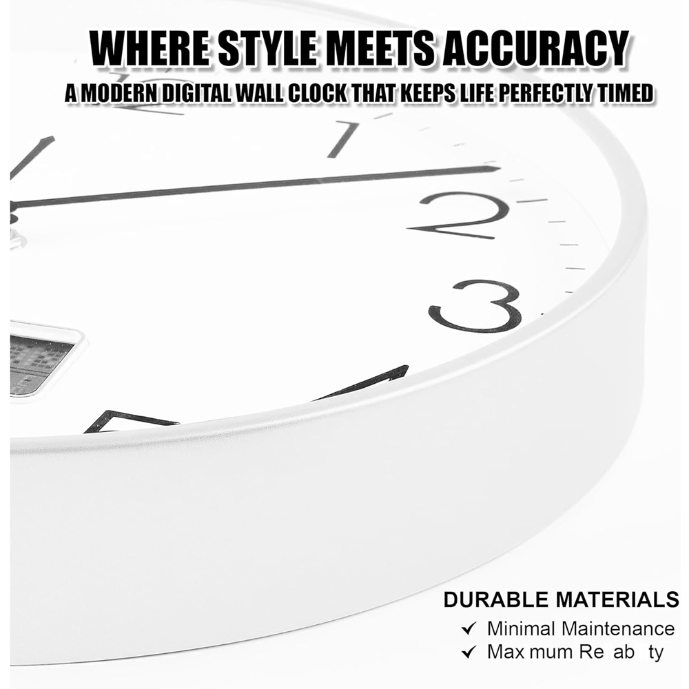ATEK White Silver Silent Digital Wall Clock with Date Day and Temperature Display 30cm Image 4