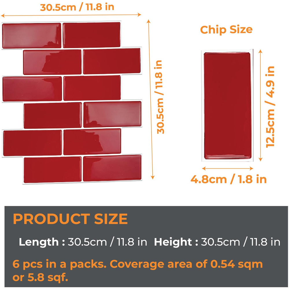 Walplus Cherry Red Retro Glossy 3D Tile Sticker 30.5 x 30.5cm 6 Pack Image 9