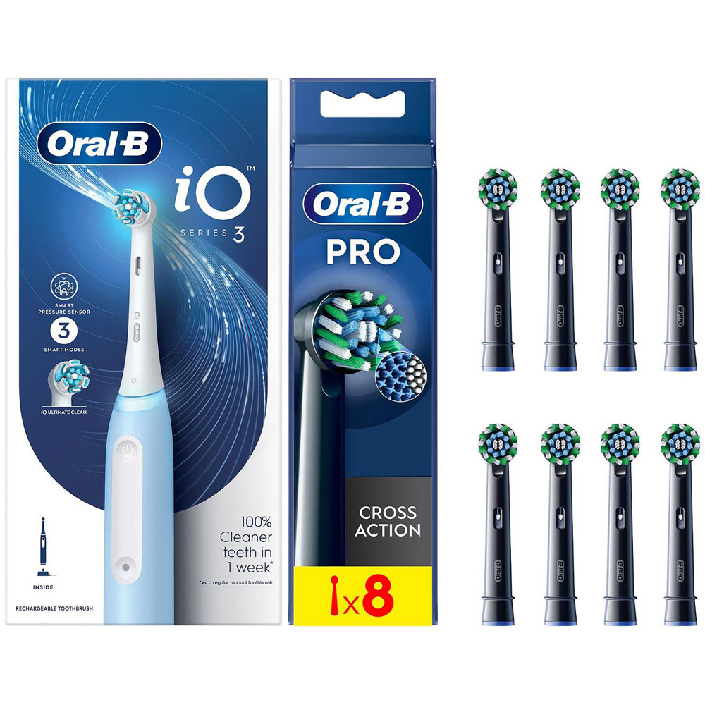 Oral-B iO Series 3 Ultimate Clean Ice Blue Electric Toothbrush with Cross Action Black Refill Head Image 1