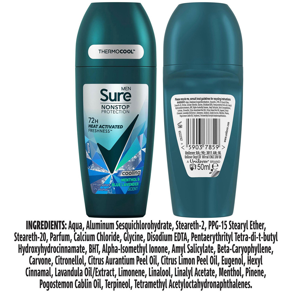 Sure Men Nonstop Protection Menthol and Blue Lavender Antiperspirant Roll On 50ml 6 Pack Image 7