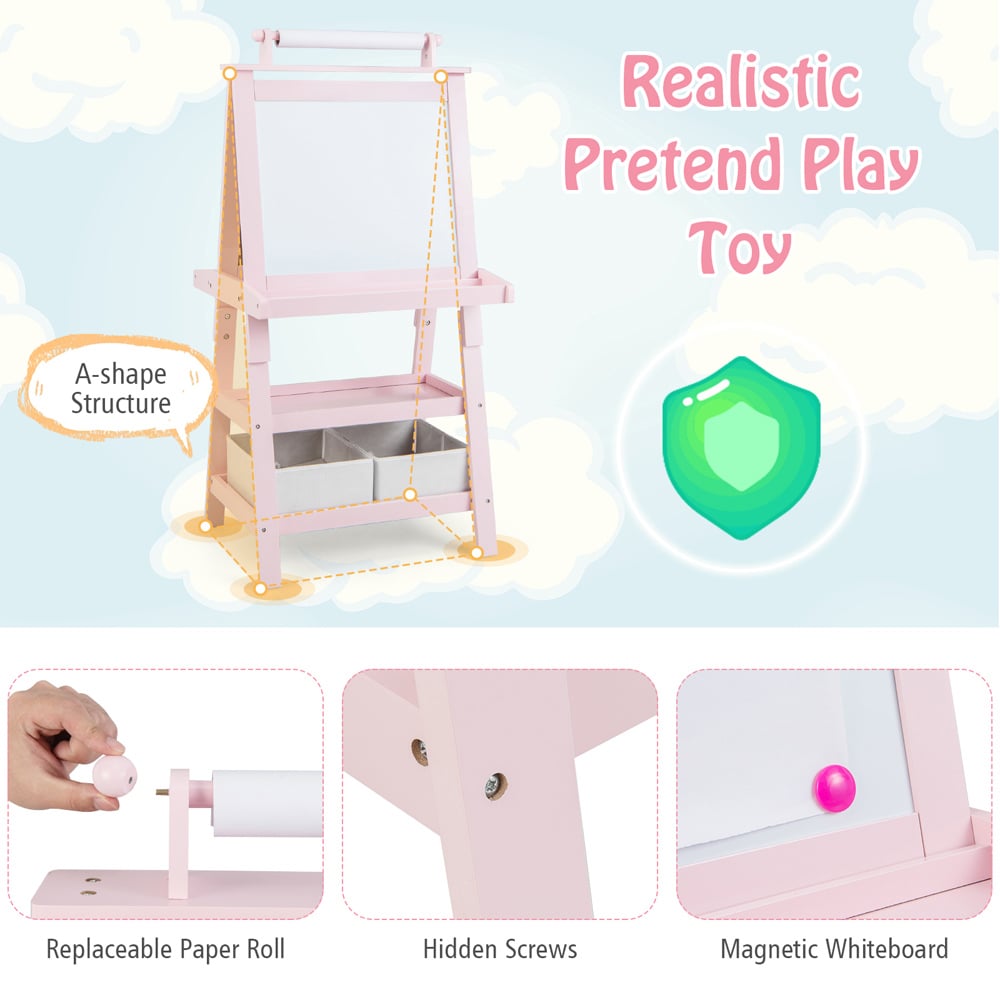 Costway Kids Pink Double Sided Art Easel with Paper Roll Image 5