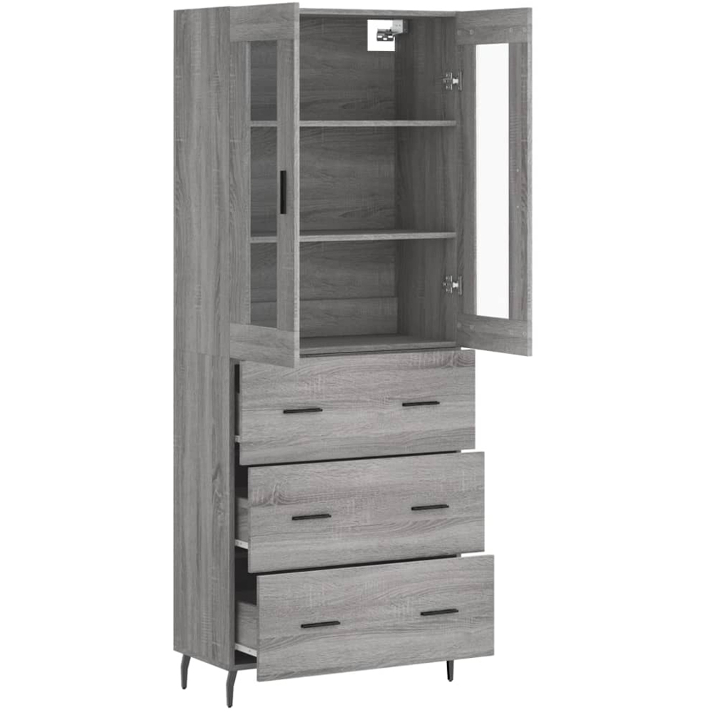 vidaXL 2 Glass Door 3 Drawer Grey Sonoma Highboard with Black Metal Legs Image 4