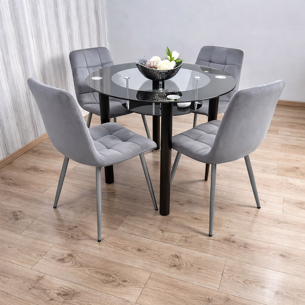 Kosy Koala 4 Seater Clear Glass Tufted Velvet Round Dining Set Grey Image 2