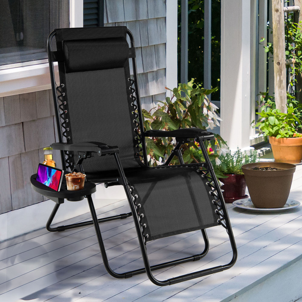 Costway Black Folding Patio Recliner with Removable Headrest and Cup Holder Image 3