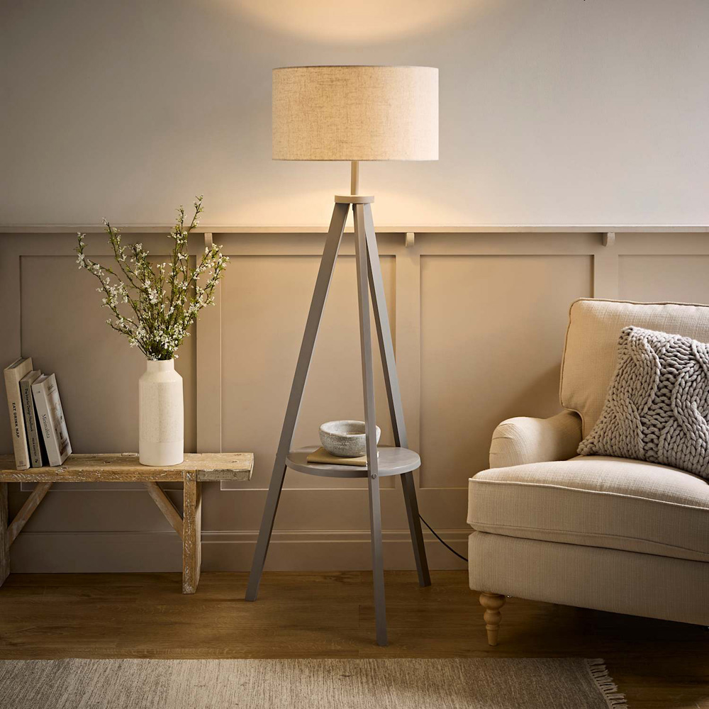 ValueLights Morrigan Grey Wood Tripod Floor Lamp with Linen Fabric Shade and Bulb Image 5